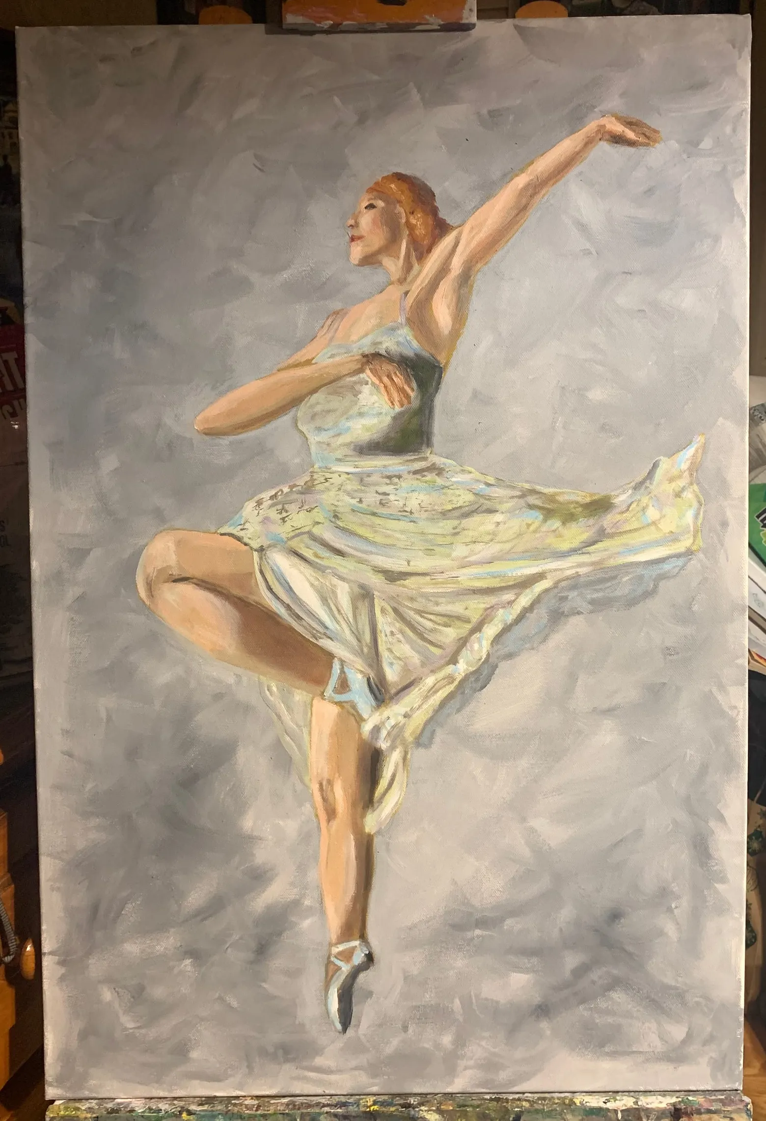 Painting of a ballet dancer in a pale dress, with one arm extended.