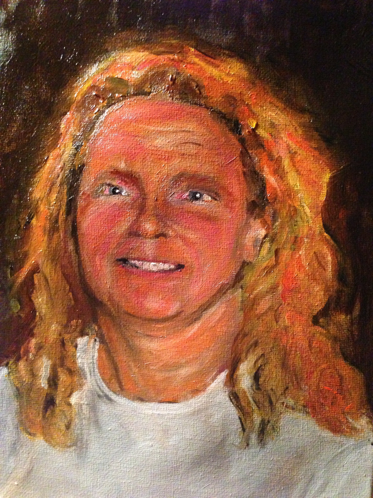 Portrait painting of Susan with long light hair and a white top.
