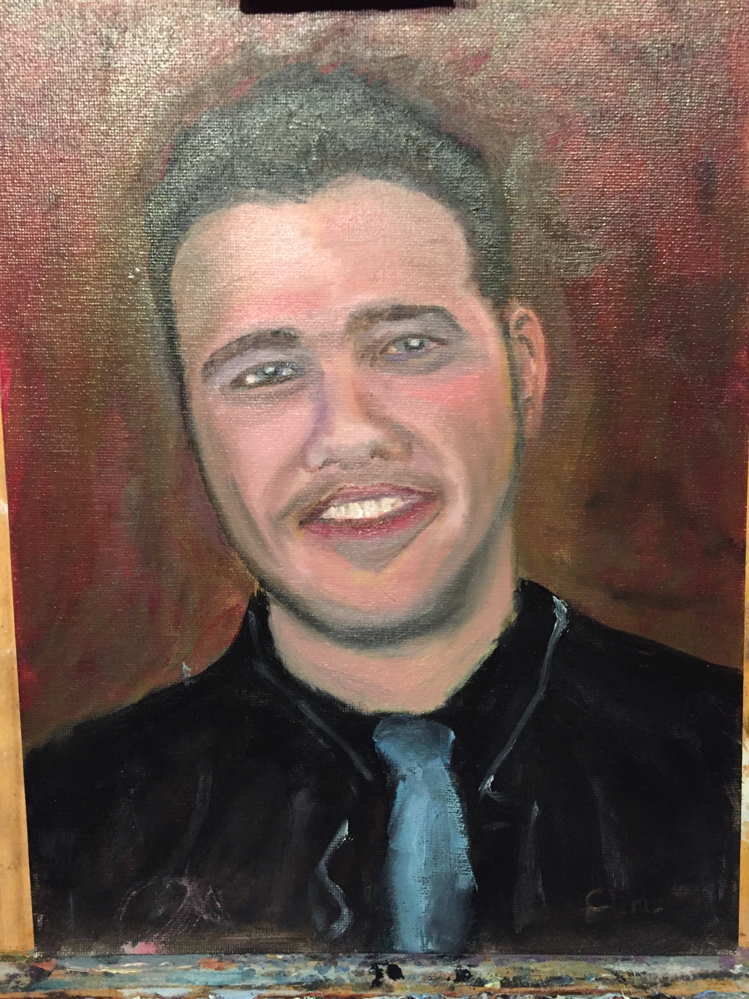 Portrait painting of Adam wearing a dark shirt and tie.