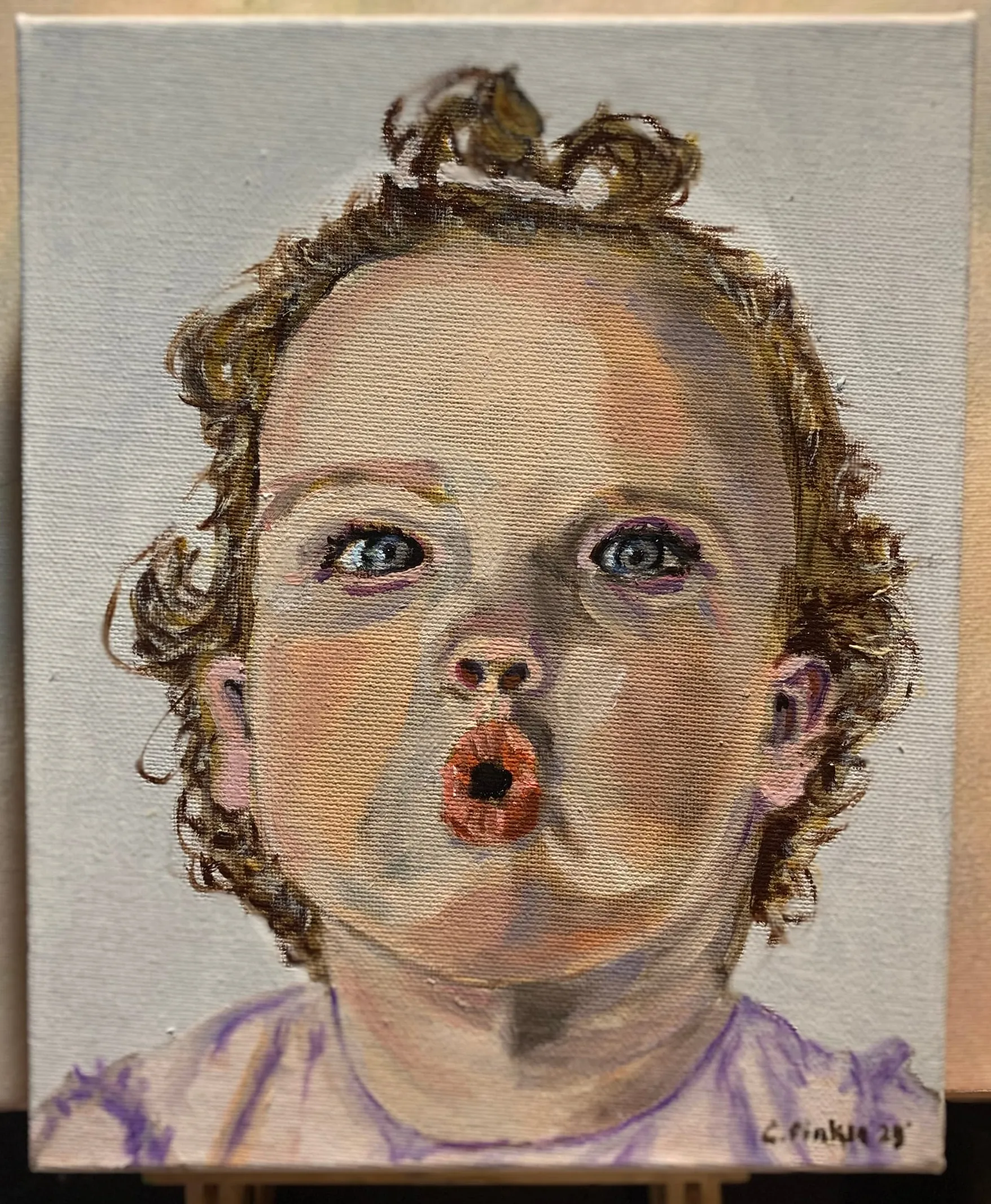 Portrait painting of a young child with curled hair and rounded lips.