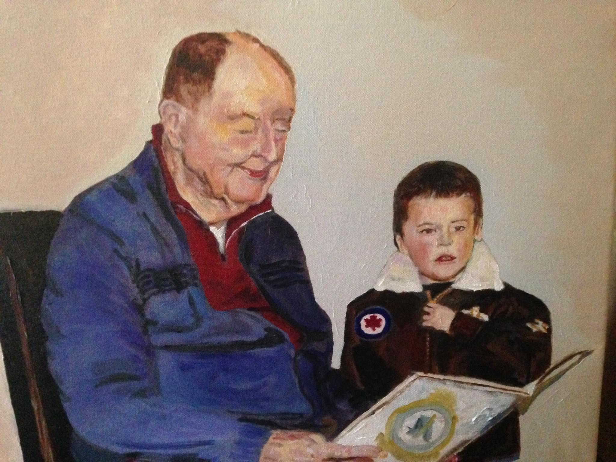 Painting of an older man and a young child looking at an open book.