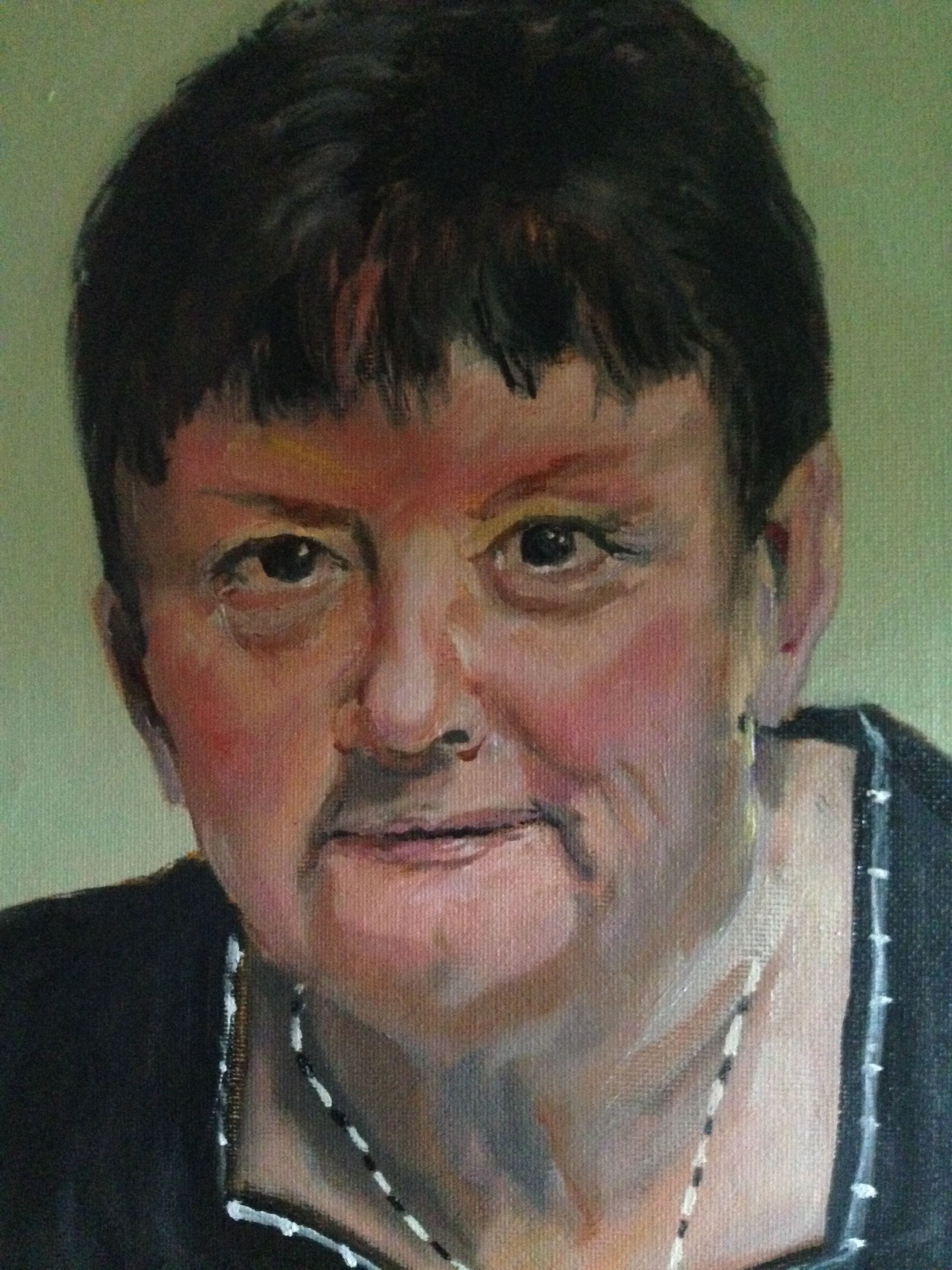 Portrait painting of a person with short dark hair against a dark background.
