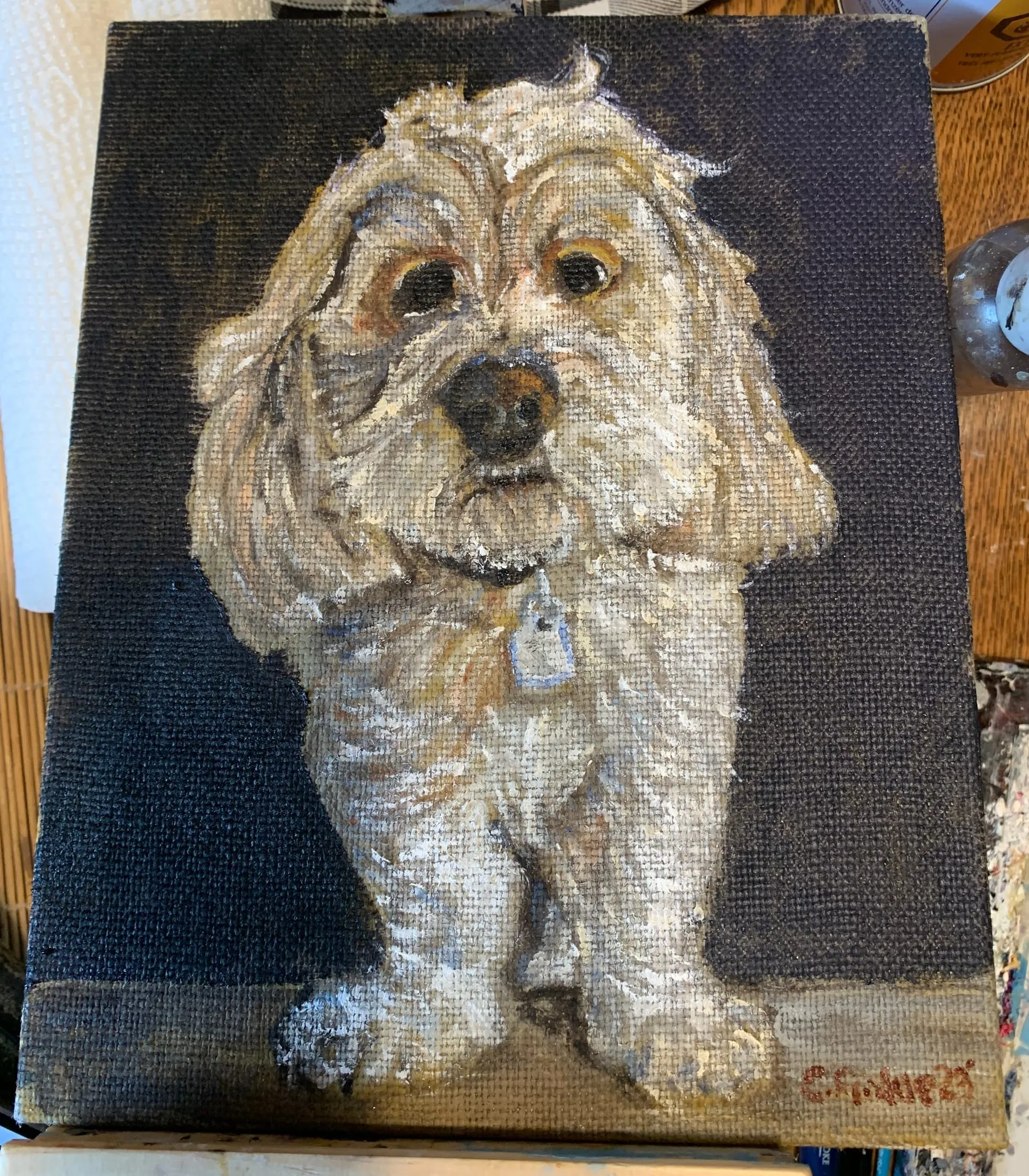 Portrait painting of a small shaggy light-coloured dog against a dark background.