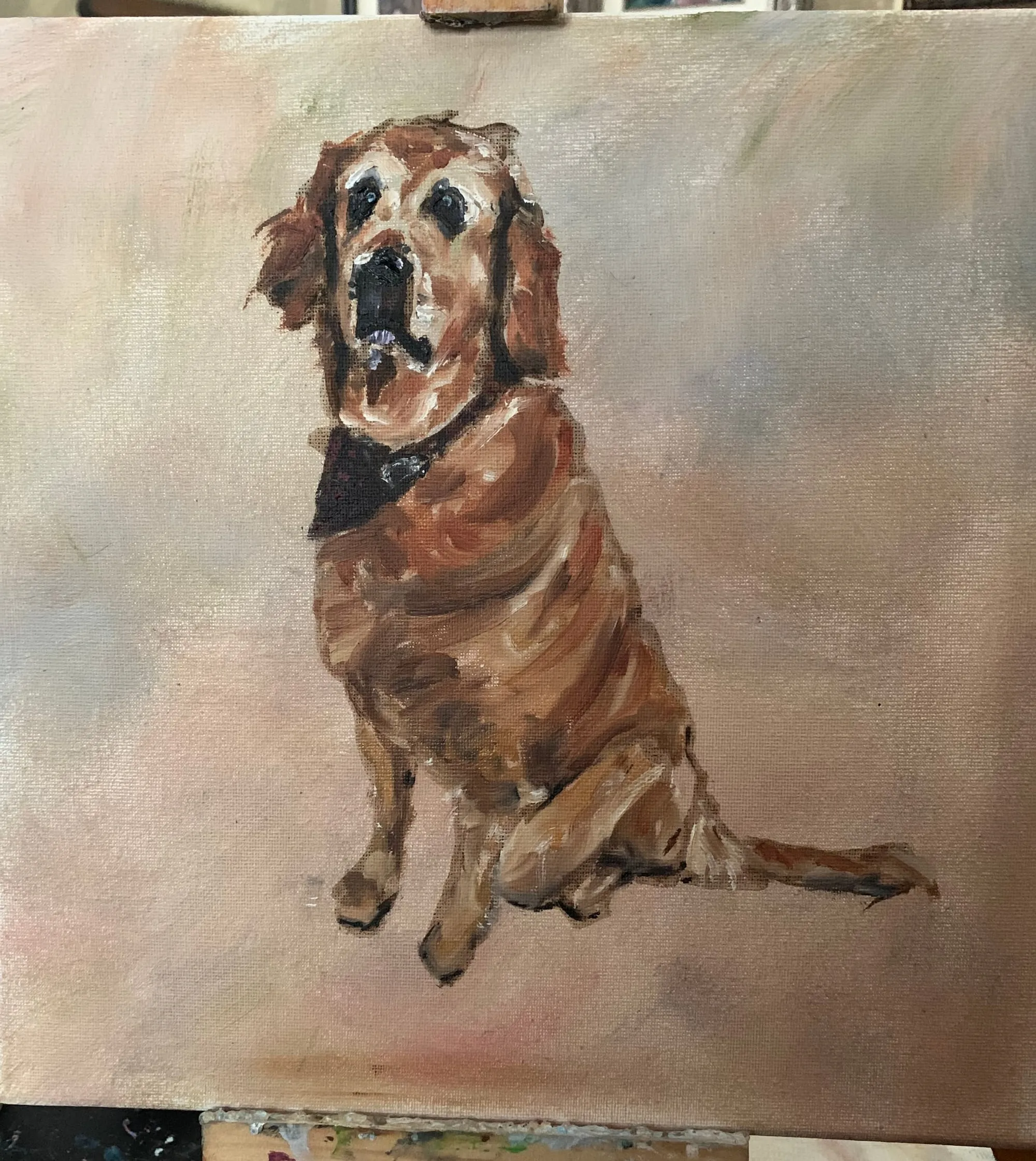 Painting of a seated golden-brown dog wearing a dark bandana.