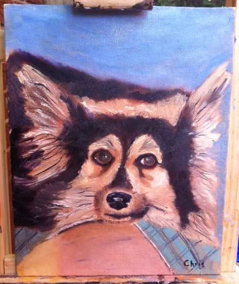 Painting of a small, long-haired dog resting on a cushion.