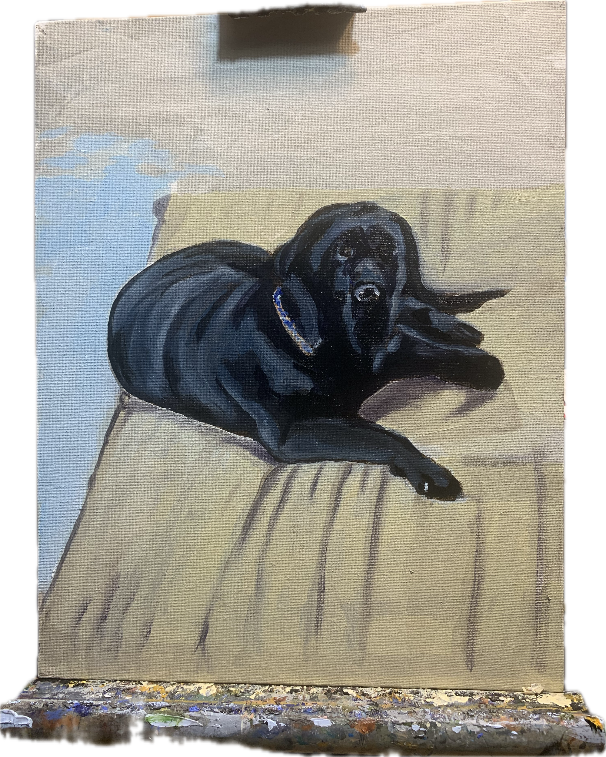Painting of a black dog lying on a pale upholstered surface.