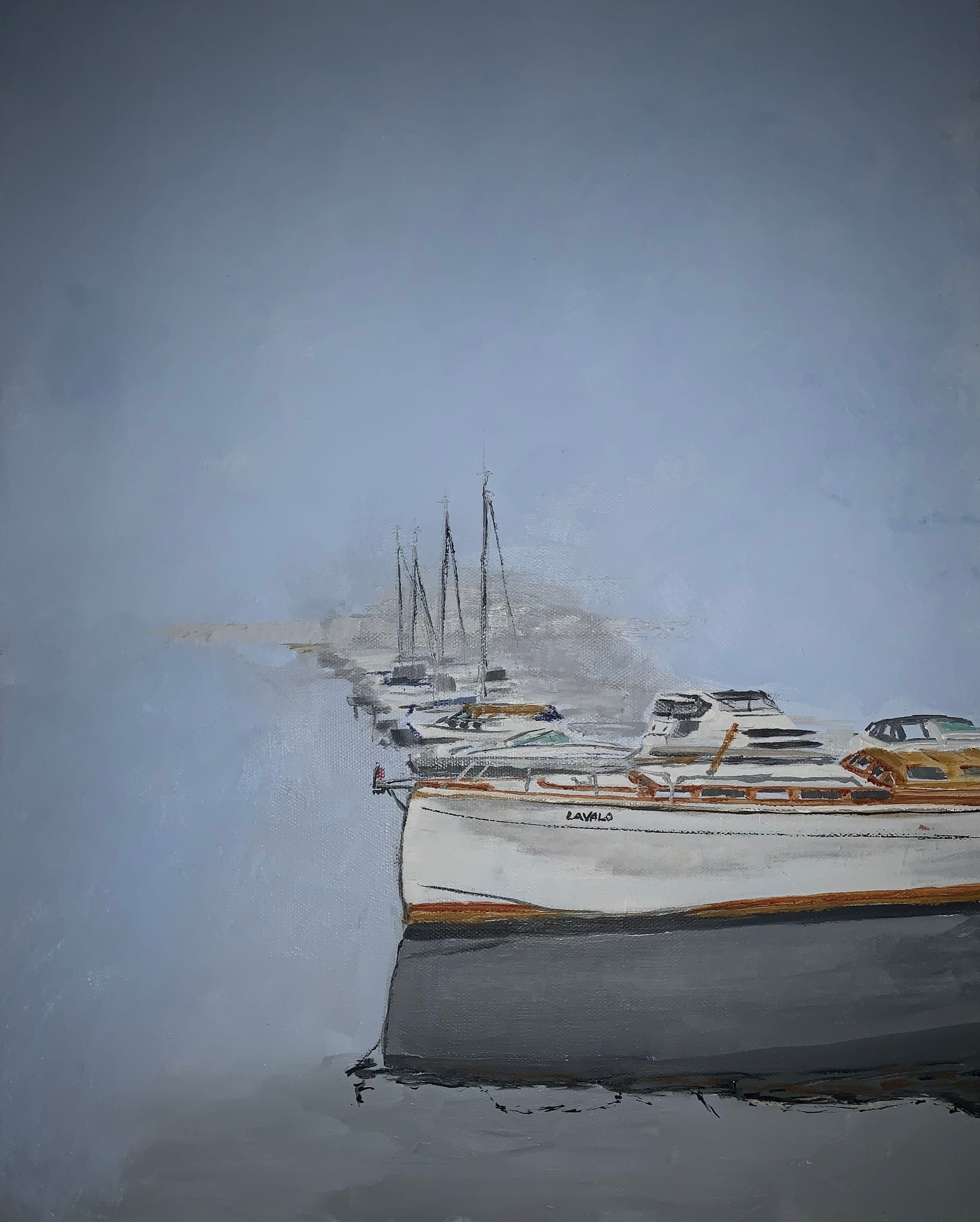 Painting of moored boats fading into a pale blue-grey mist.