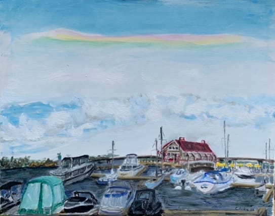 Painting of small boats and a red-roofed building beneath a broad blue sky.