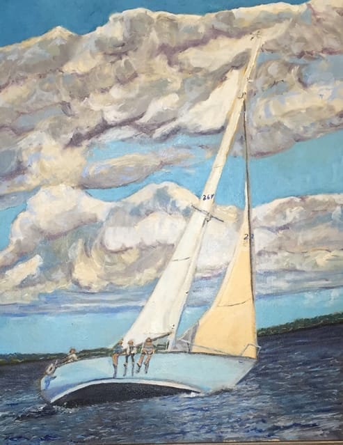 Painting of a white sailboat leaning across deep blue water beneath textured clouds.