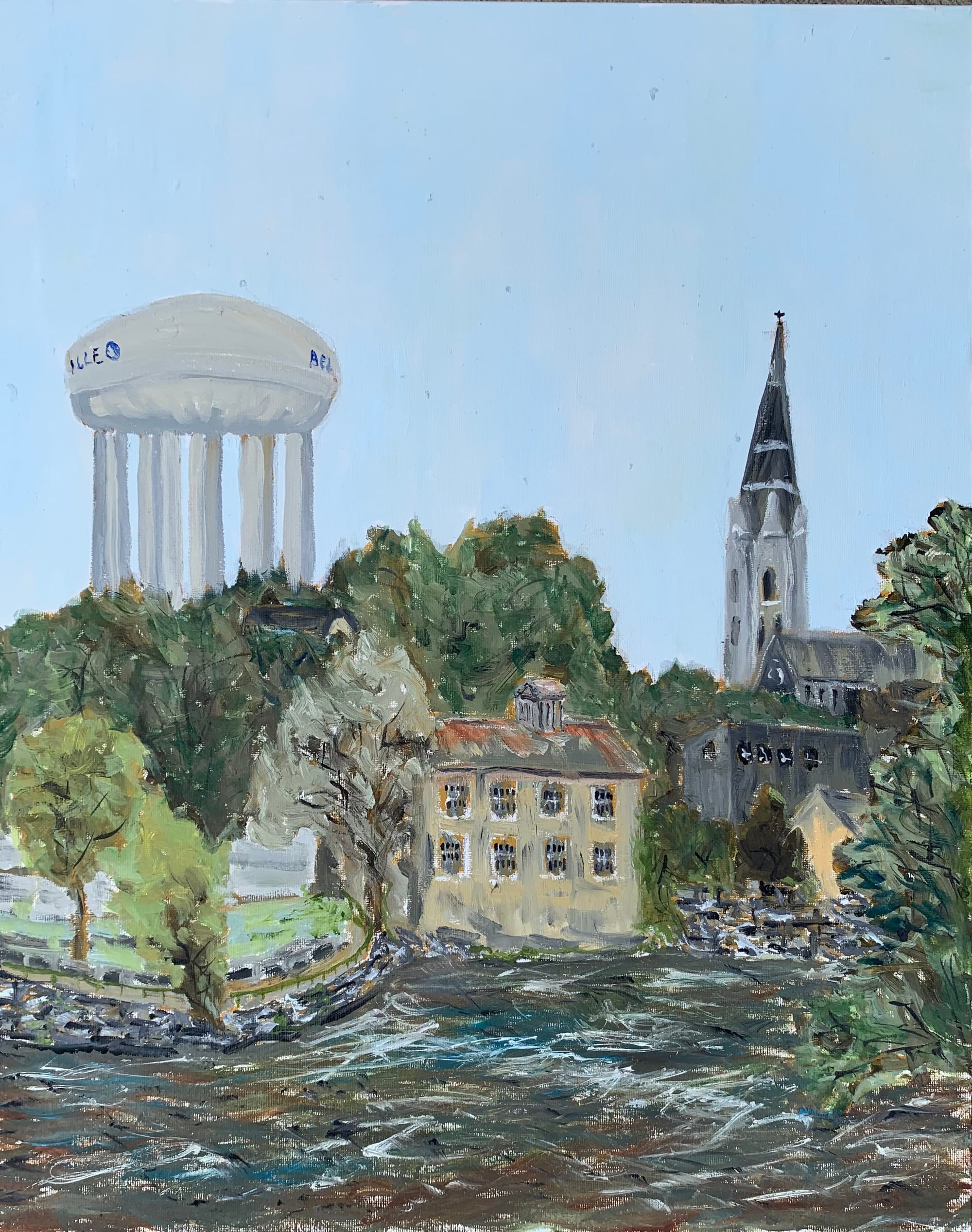 Painting of a riverside mill, water tower and church spire.