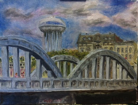 Painting of an arched bridge with a water tower and buildings behind it.