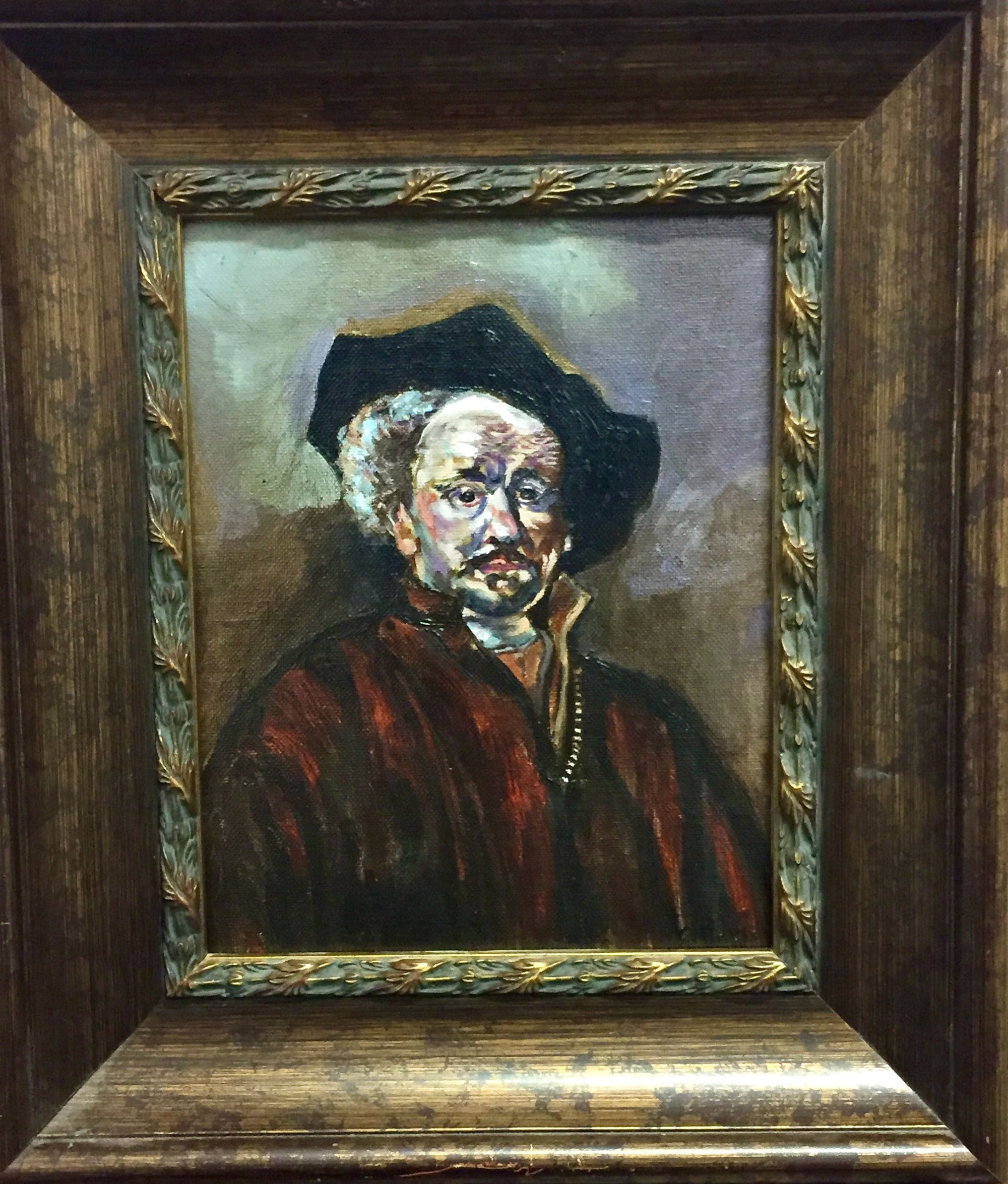 Framed portrait study of a man wearing a dark hat and reddish-brown clothes.