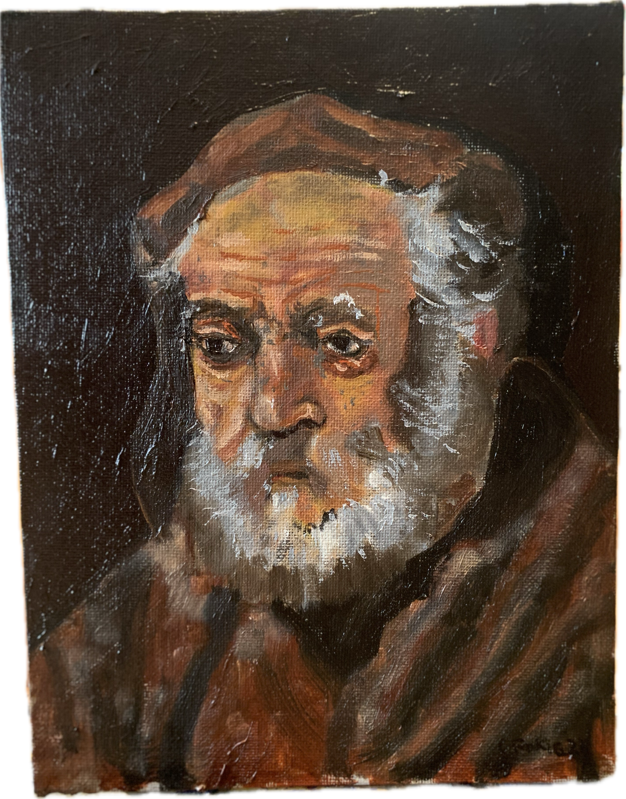 Portrait study of an older man with a white beard and brown cap.
