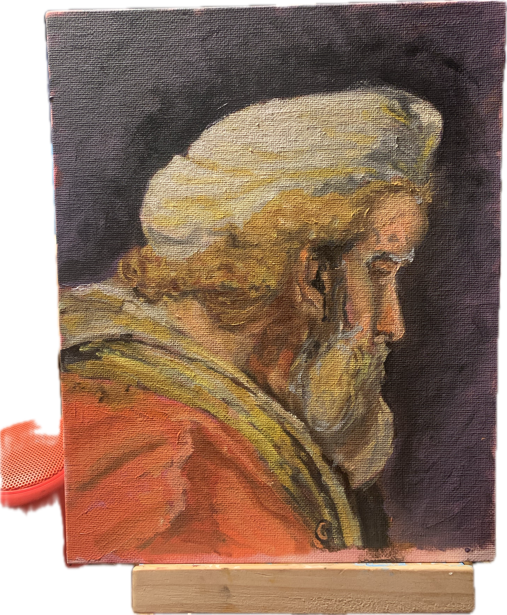 Portrait study of an older bearded man in profile wearing a pale turban and red garment.