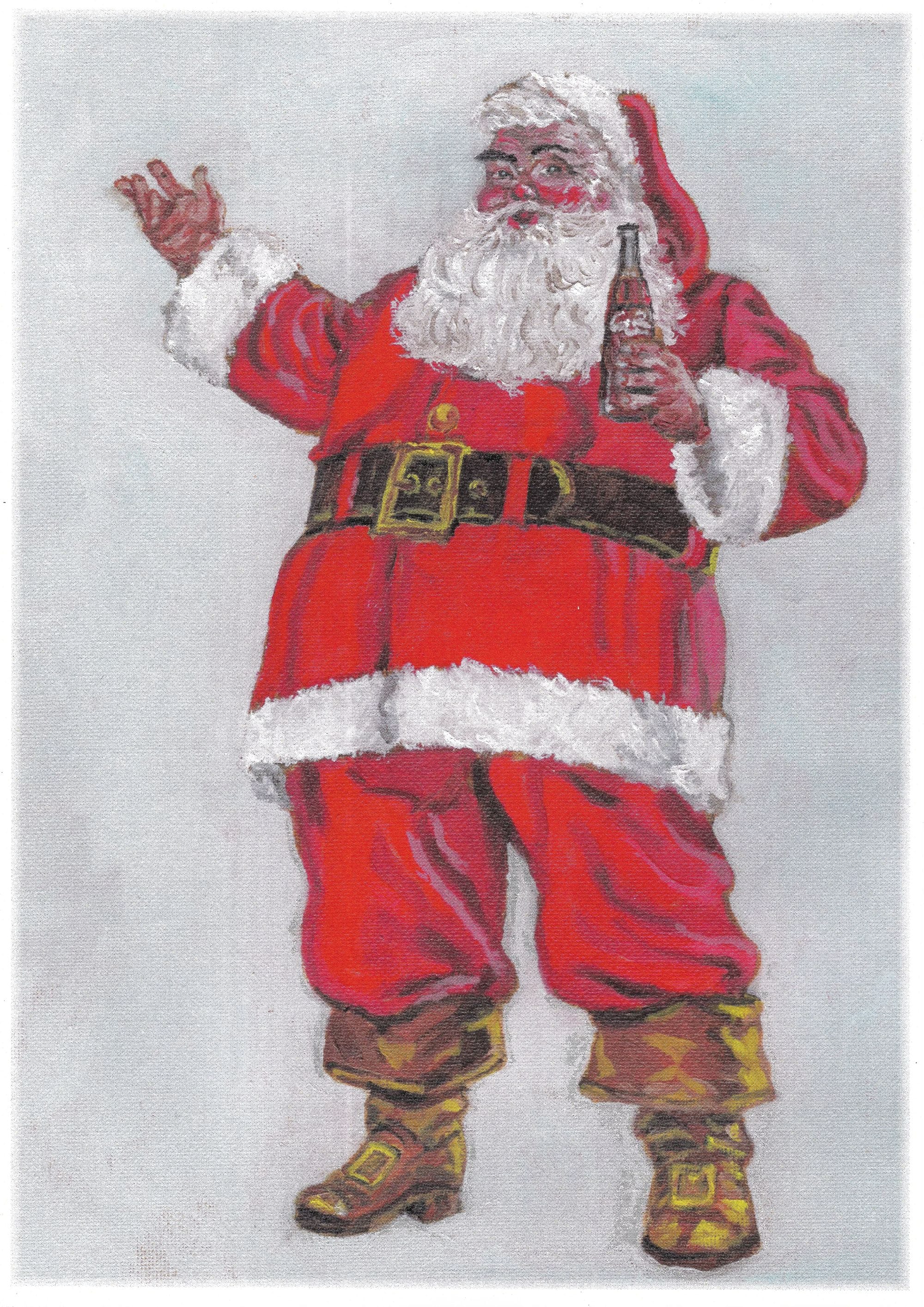 Full-length Santa painting with one hand raised and a Coca-Cola bottle in the other.