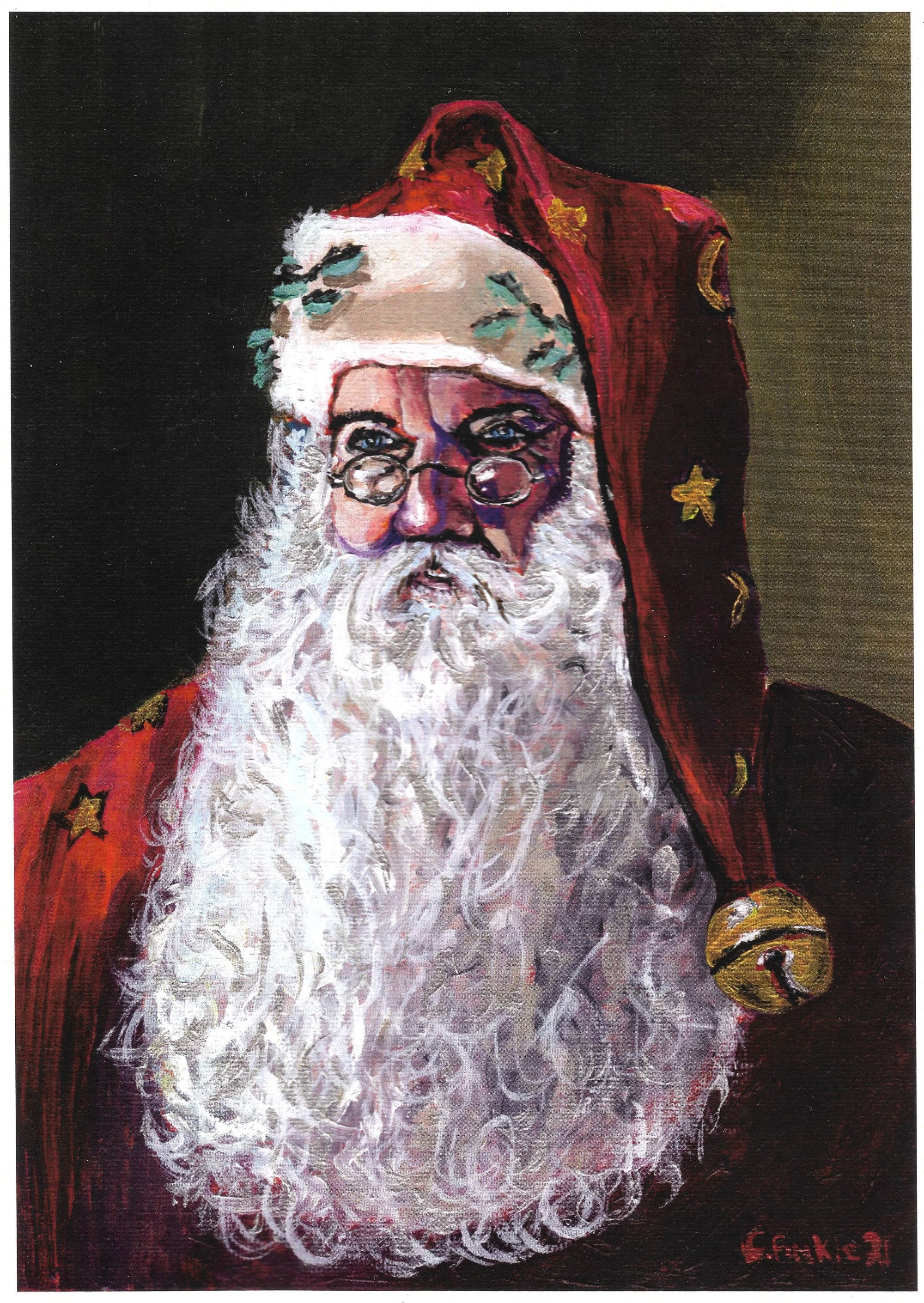 Portrait painting of Santa with glasses, a long white beard and a red hat against a dark background.