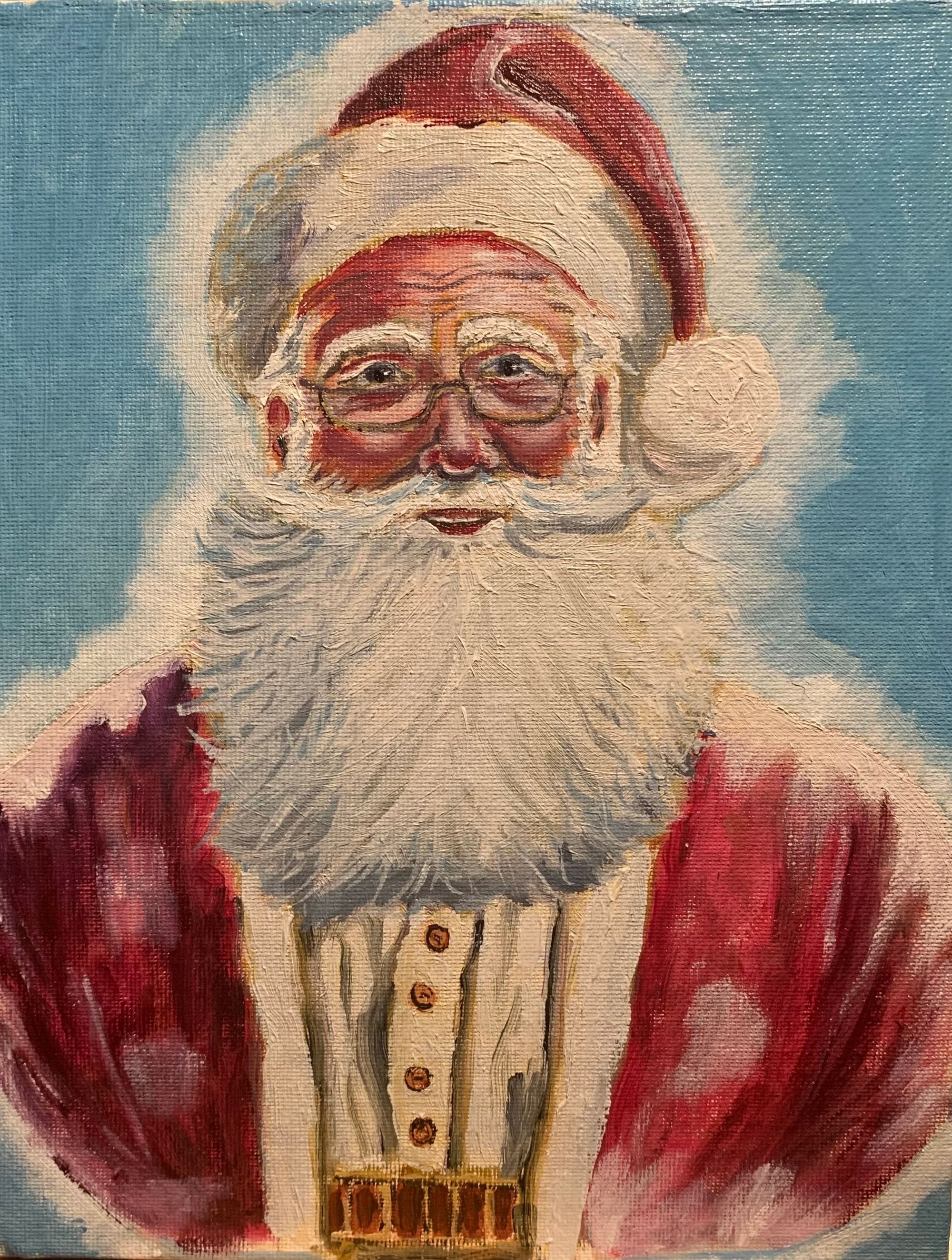 Portrait painting of Santa with round glasses, a curled white moustache and a red coat against a blue background.
