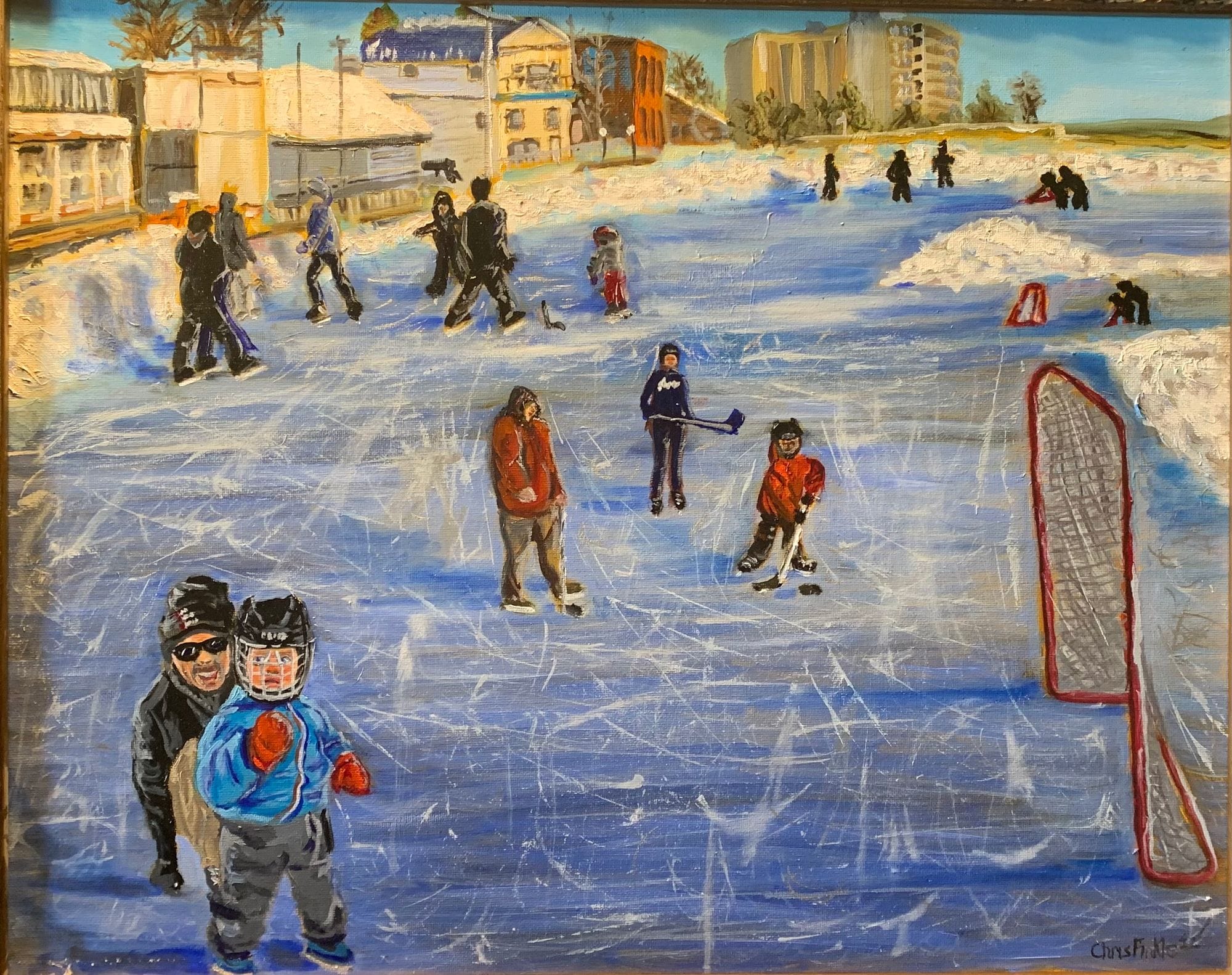 Painting of skaters on a frozen bay with a small child in blue in the foreground.