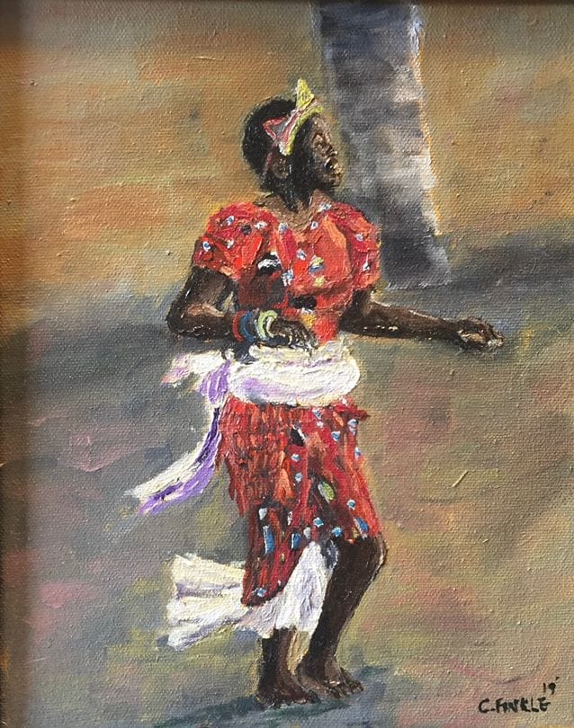Painting of a young dancer in a colourful costume against a muted background.