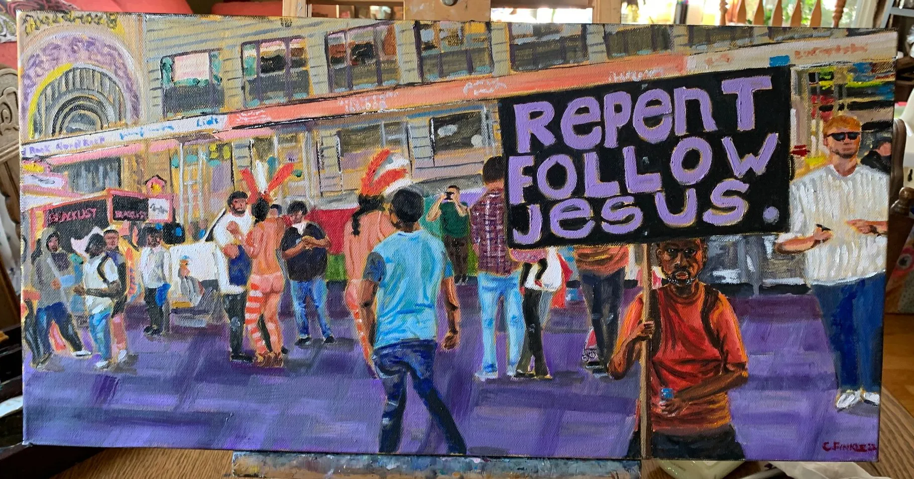Wide painting of a Times Square crowd with a large Repent Follow Jesus sign.