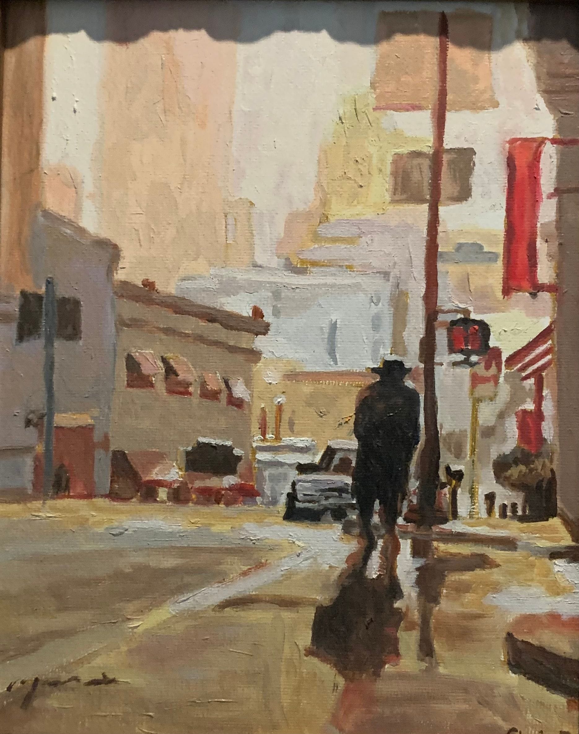 Painting study of a lone figure on a wet city street.