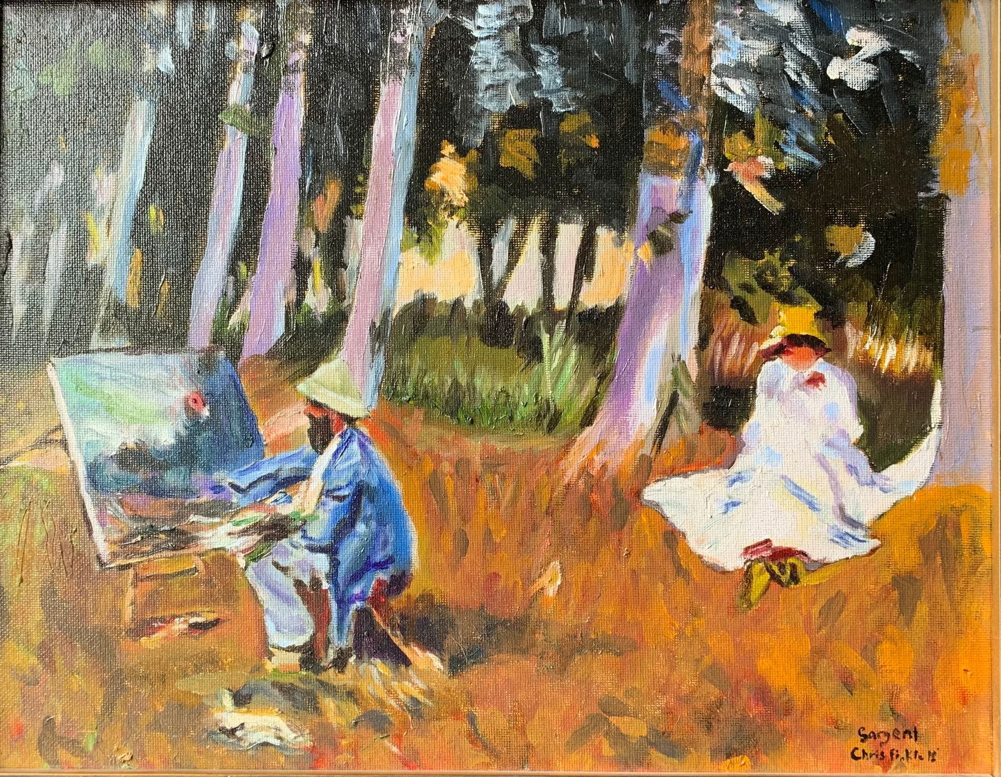 Painting study of a seated artist and a reclining figure among trees.