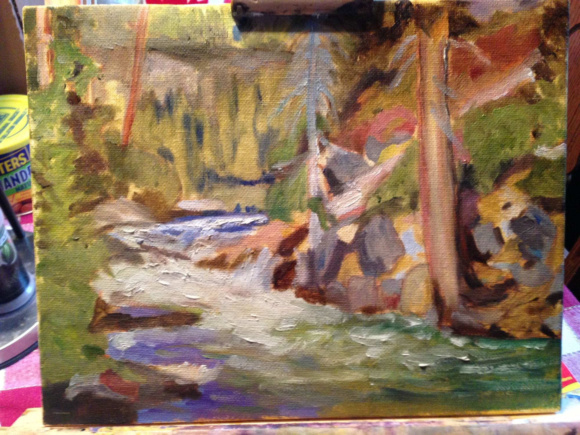 Painting study of figures and pale fabric among woodland trees.