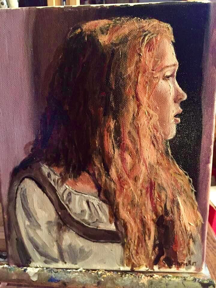 Portrait painting of a young woman with long red hair in profile, lit from the side.
