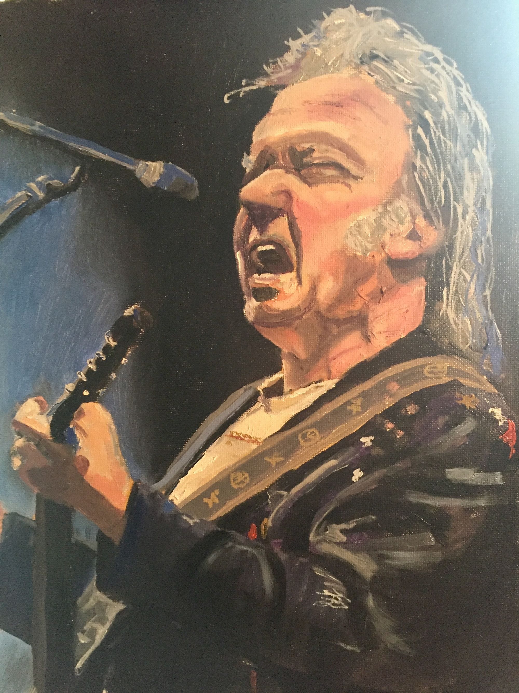 Painting of Neil Young singing into a microphone while playing guitar.
