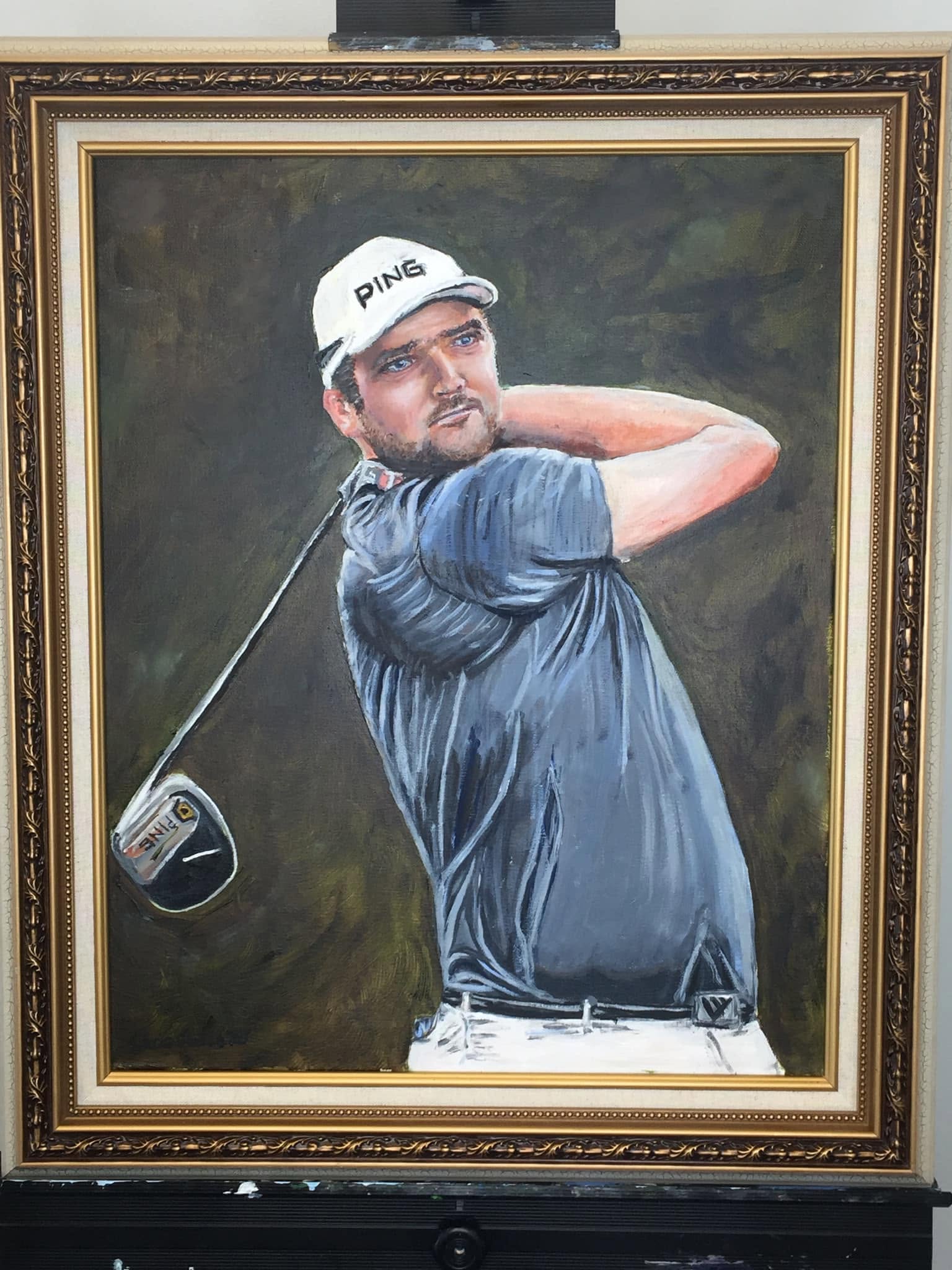 Framed portrait painting of Corey Conners following through on a golf swing.