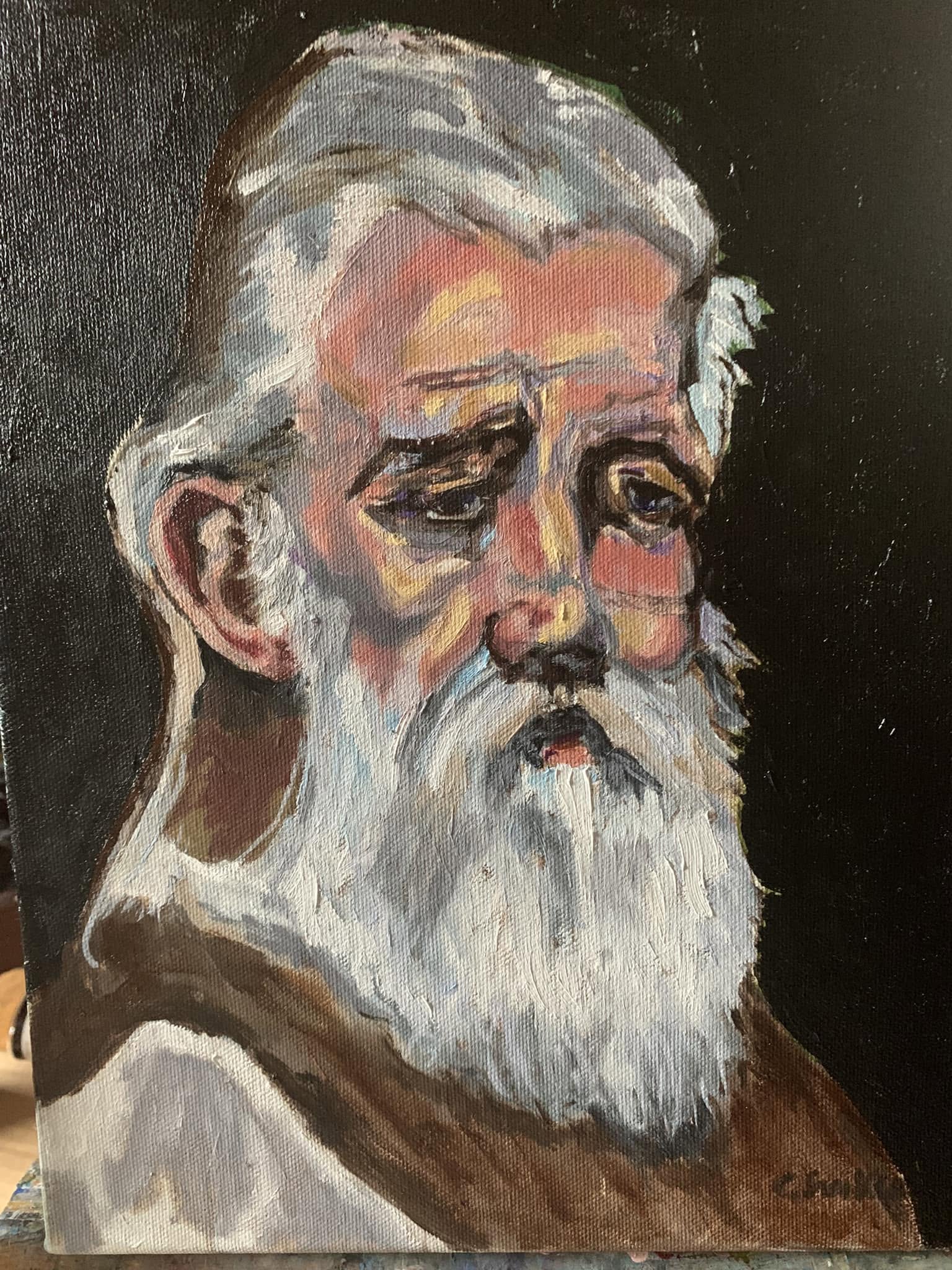 Loose portrait study of a white-haired, bearded man, painted with broad strokes of colour.