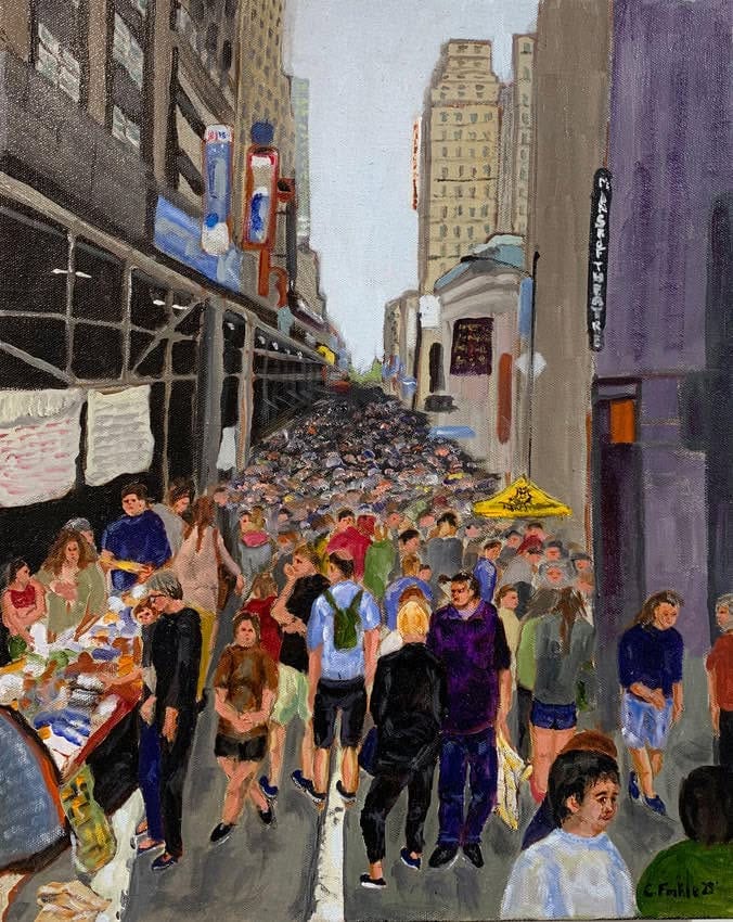 Painting of a crowded New York street lined with shops, theatres and tall buildings.