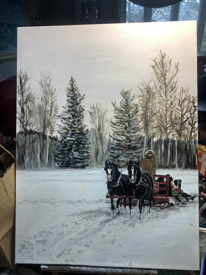 Painting of a horse-drawn sleigh crossing snow in front of evergreen and bare trees.