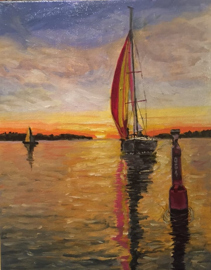 Painting of a sailboat with a coloured sail on calm water at sunset.