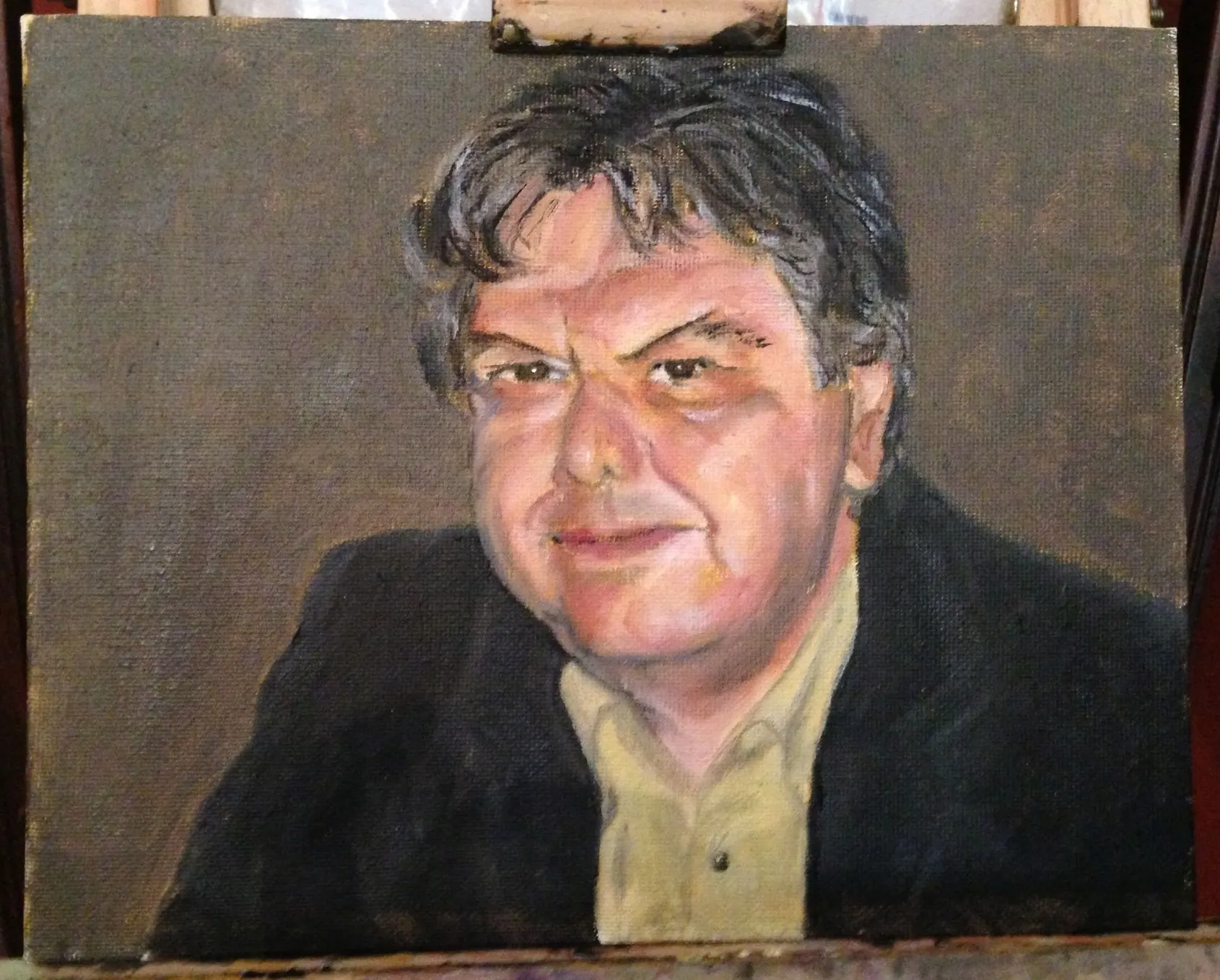 Portrait painting of a man with dark greying hair and a dark jacket.