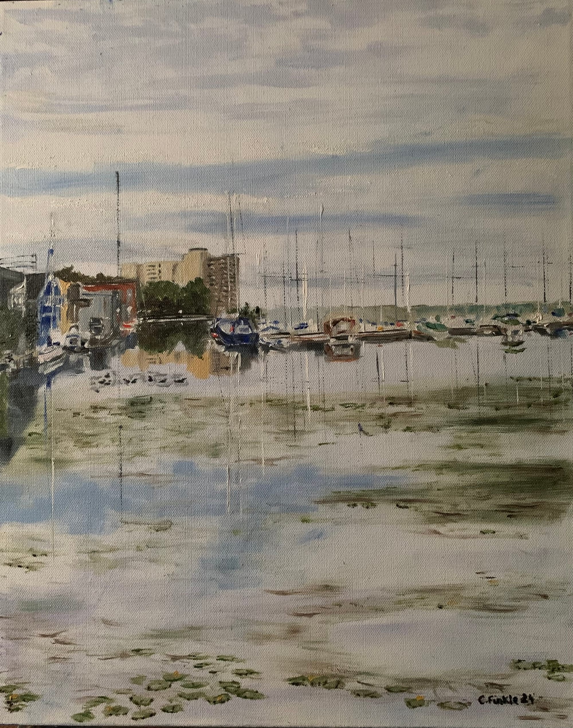 Painting of a harbour reflected in still water under a pale morning sky.