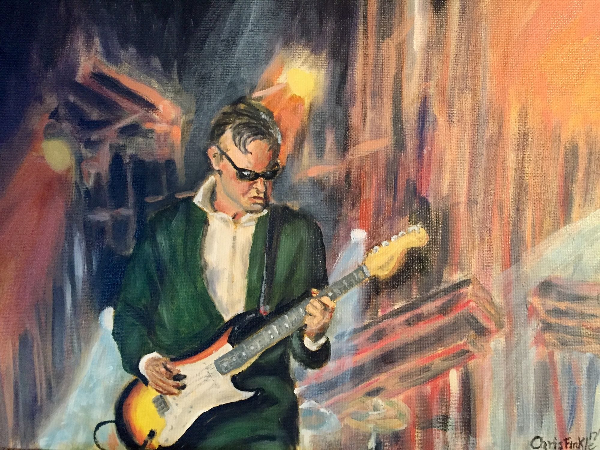 Painting of Joe Bonamassa playing electric guitar under colourful stage lighting.