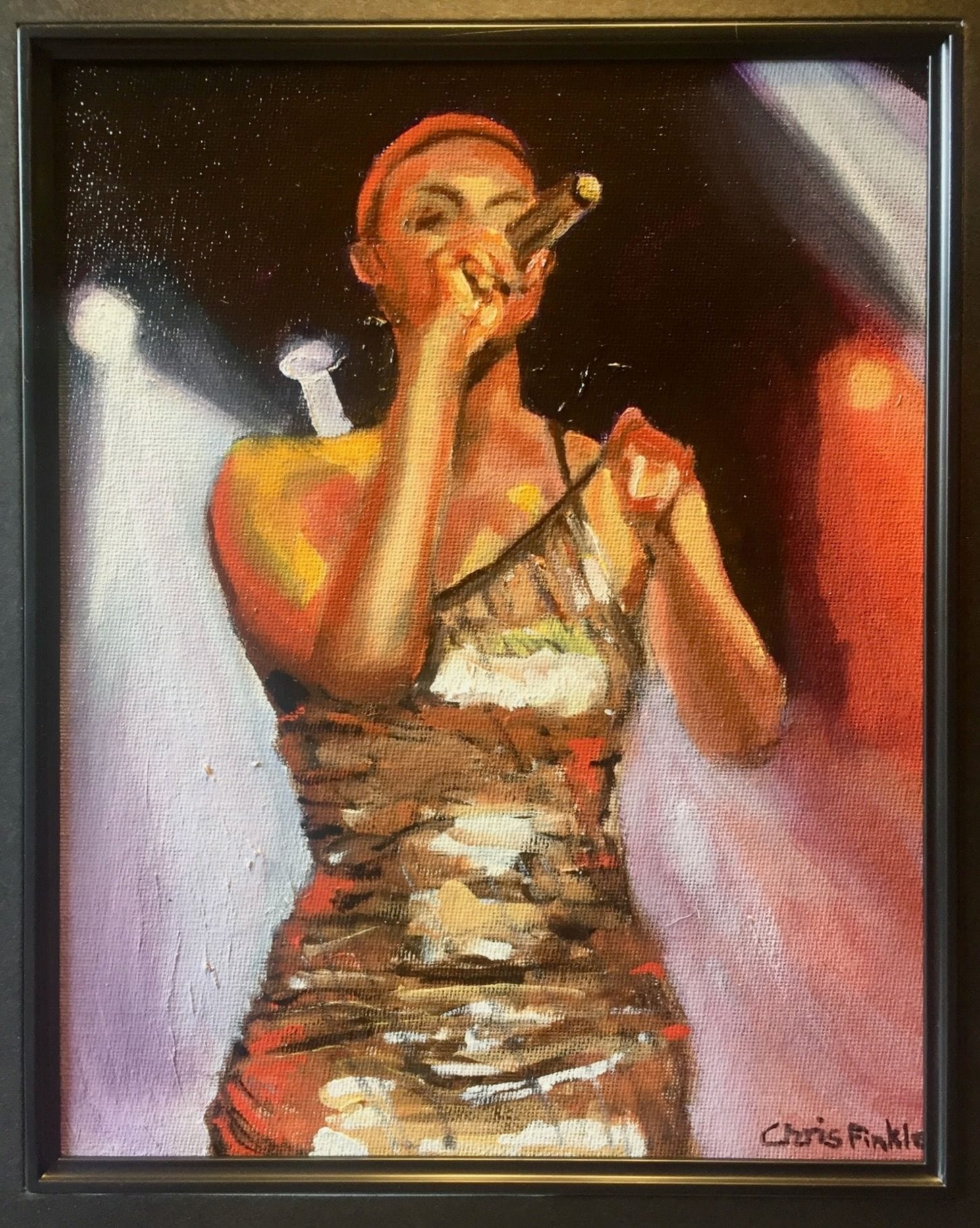 Painting of a singer in a sparkling dress holding a microphone under stage lighting.