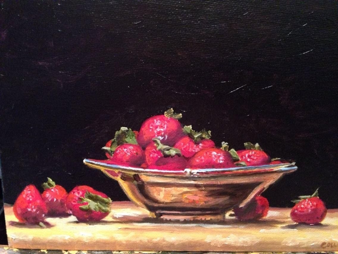 Still-life painting of ripe strawberries in a shallow bowl against a dark background.