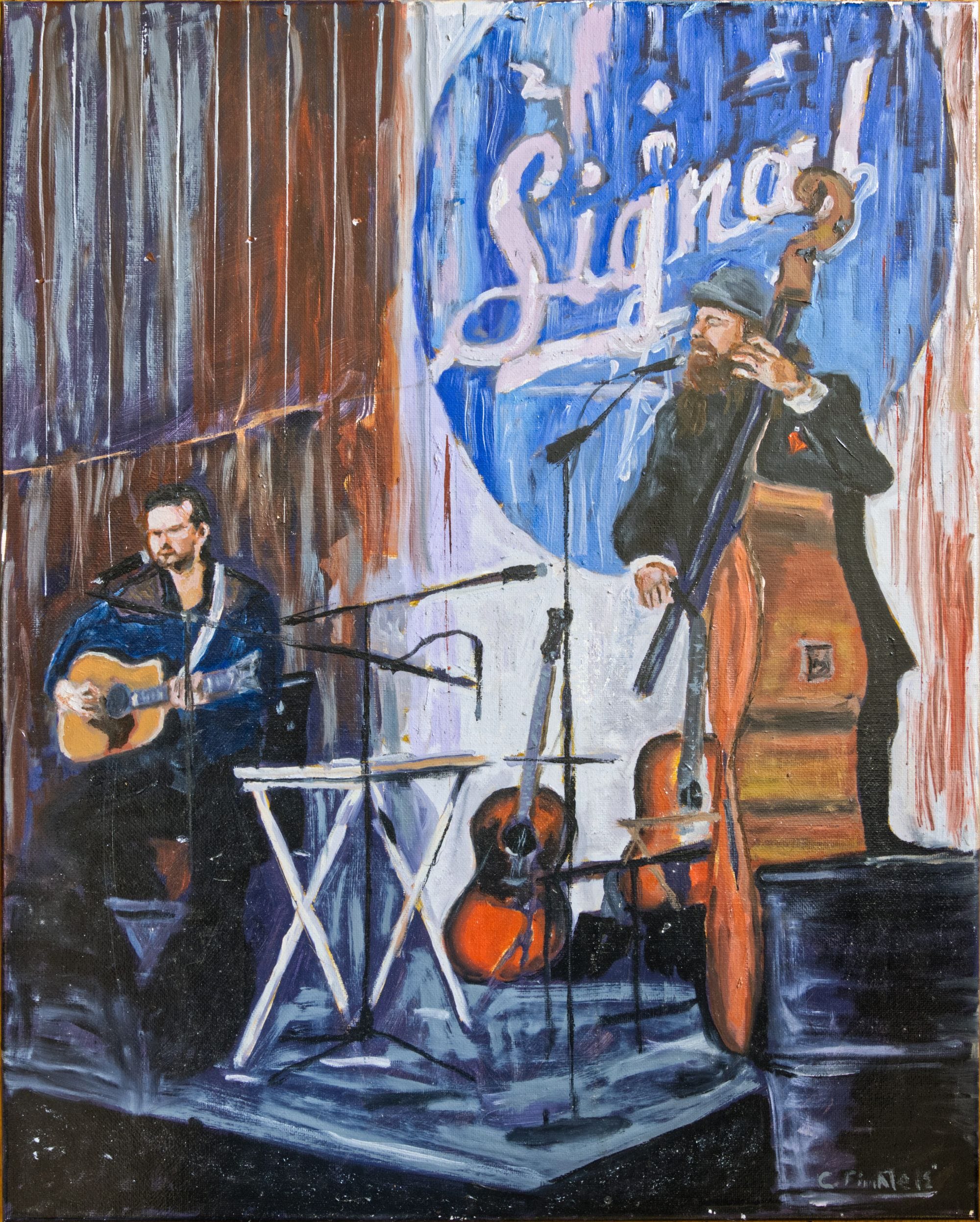 Painting of the Weber Brothers performing on guitar and double bass at Signal Brewery.