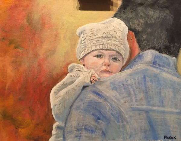 Portrait painting of a child in a knitted hat being held over an adult’s shoulder.