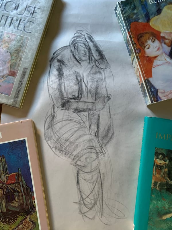 Loose pencil or charcoal lines describing a seated figure on a sheet of drawing paper.