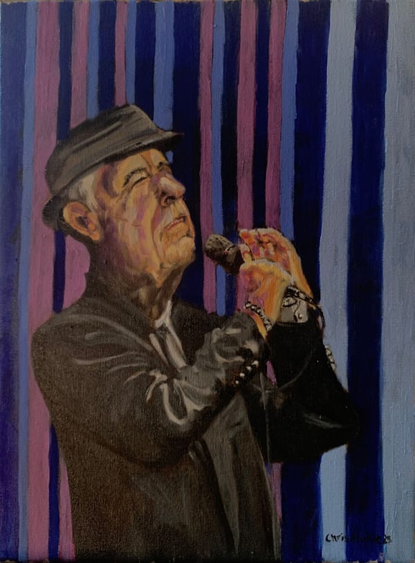 Painting of Leonard Cohen in a hat singing into a microphone with his eyes closed.