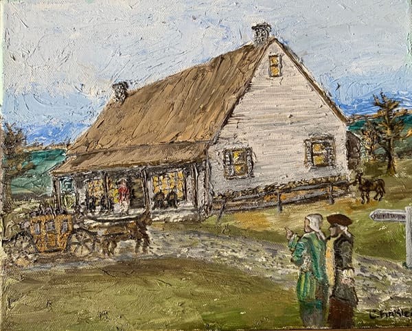Painting of a historic timber tavern with people, horses and a wagon outside.