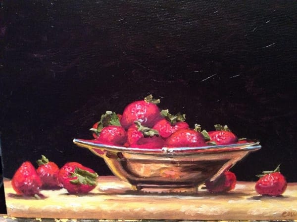 Still-life painting of ripe strawberries in a shallow bowl against a dark background.