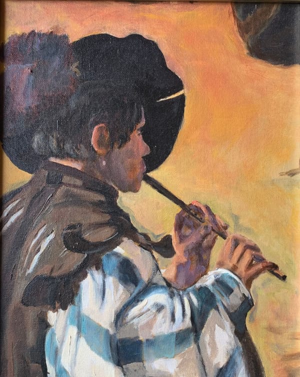 Portrait study of a person in a dark hat playing a flute.