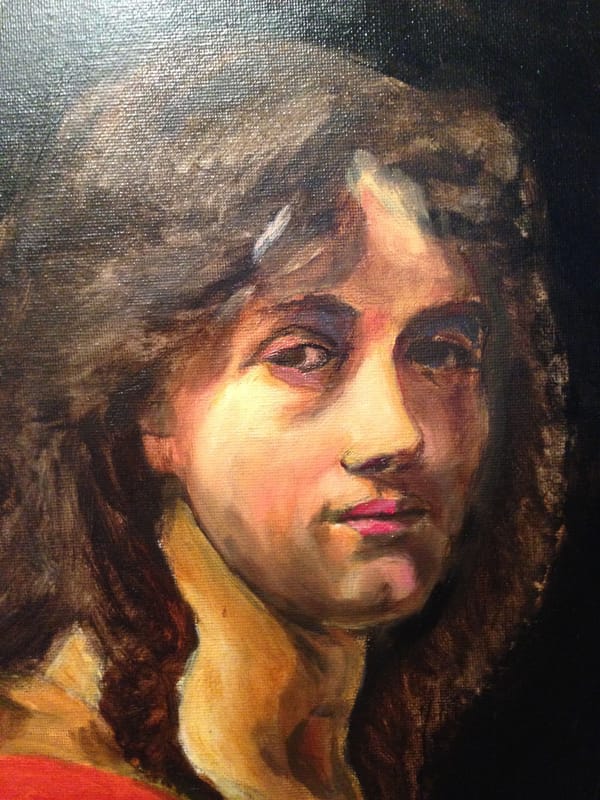 Portrait study of a young woman with long dark hair and her hand near her face.