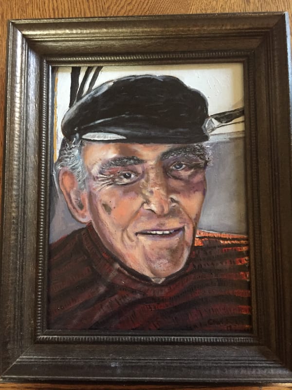 Framed portrait painting of Peter C. Newman wearing a dark cap and a red-and-black striped top.